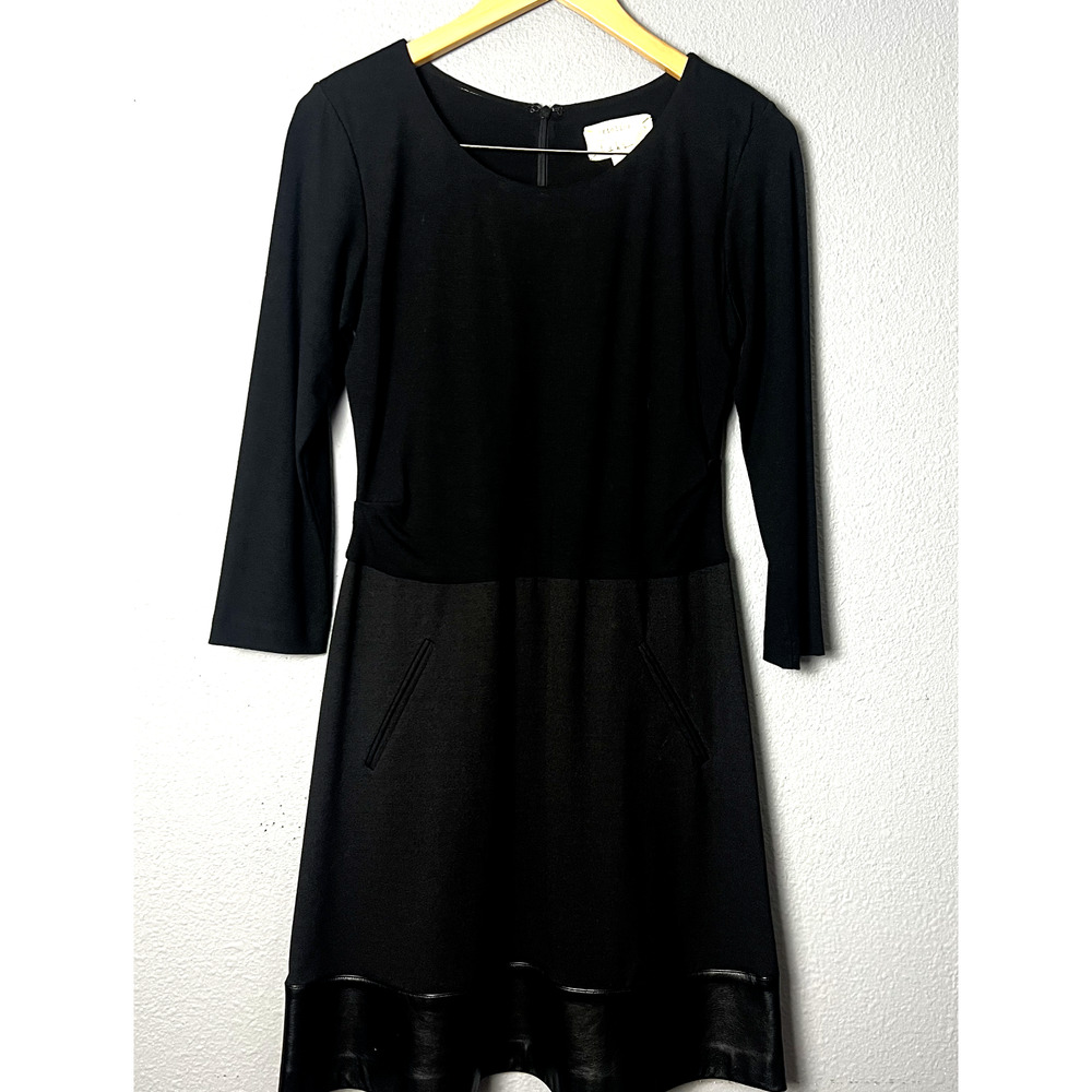 Nicole Miller Artelier Large Black/Gray Ponte Scoop Neck Dress Lamb Leather Trim